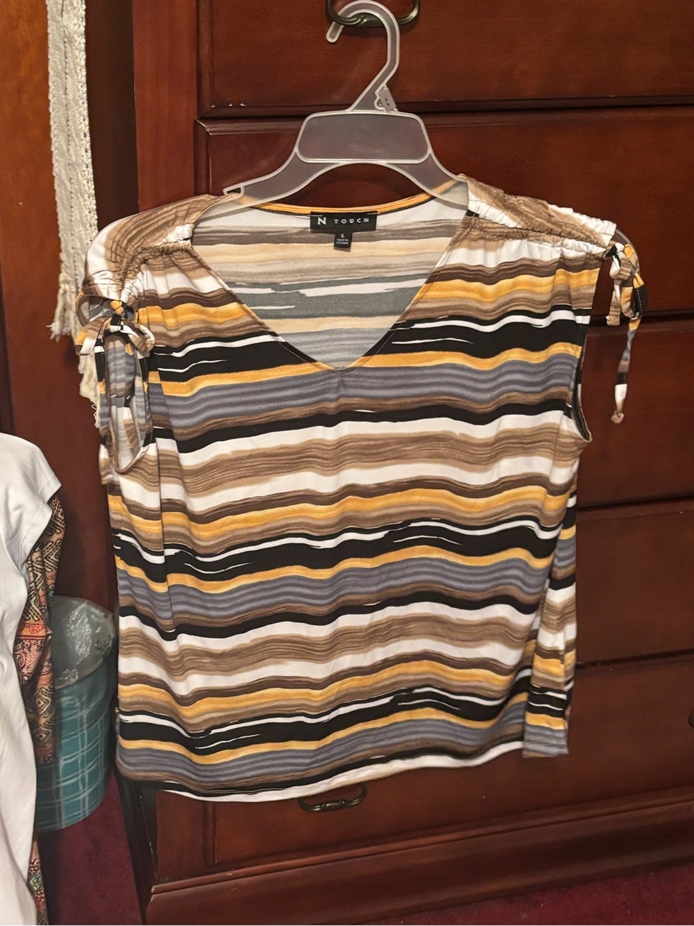 N Touch Striped V-Neck Tie-Sleeve Top in Mustard, Brown & Gray